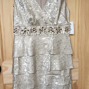 R & M Richards Metallic Gold Tiered Midi Dress